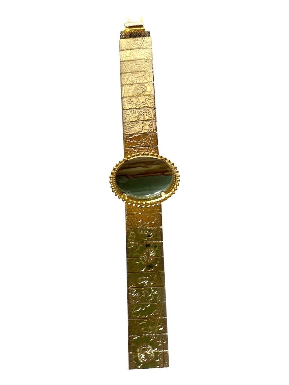 Gold Tone Floral Panel Bracelet with Oval Agate Center
